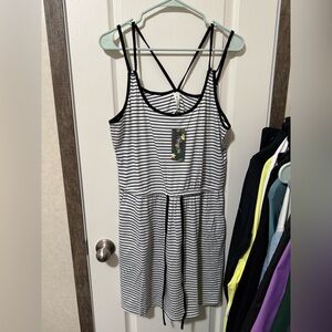 Striped Black & White Mini Dress with Crisscross Straps